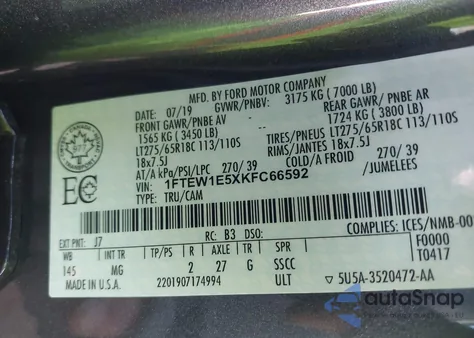 2019 Ford F-150 Xlt from USA, damaged, VIN 1FTEW1E5XKFC66592